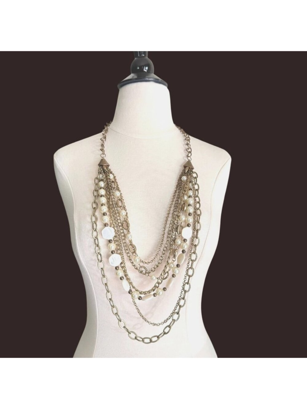 vintage You & I multi strand gold tone pearl bead tiered statement necklace gaud